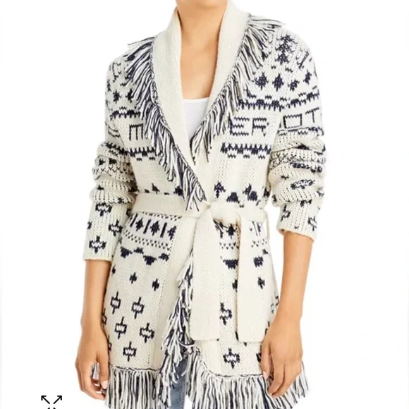 MOTHER Belted Short Cardigan Alpaca Blend Fringe Ivory Navy Blue S NWOT - Picture 3 of 11